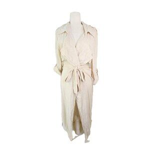 JLUXLABEL Tan Beige Neutral Linen Pointed Collar Open Front Trench Belted Coat